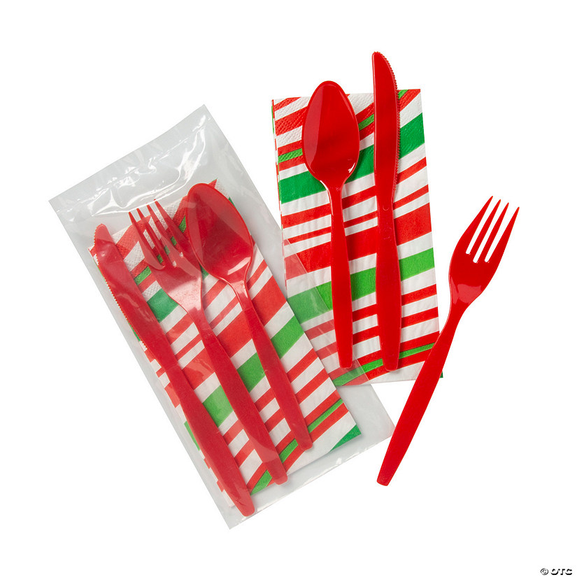 Bulk 50 Pc. Christmas Striped Disposable Cutlery Packets
