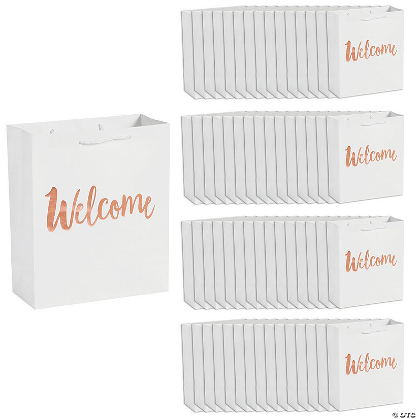 Bulk  60 Pc. Medium Welcome White Gift Bags with Rose Gold Foil Image