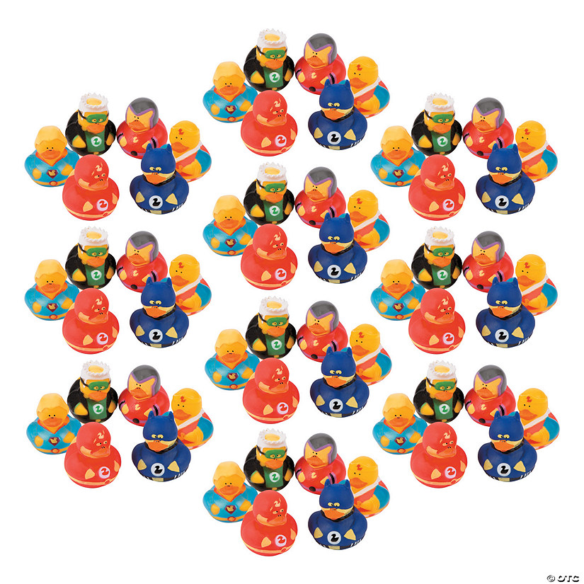 Bulk 72 Pc. Red, Green & Blue Superhero Rubber Duck Characters Image