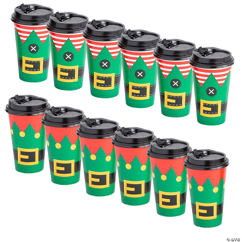 16 oz. Christmas Elf Outfit Disposable Paper Coffee Cups with Lids - 12 Ct.