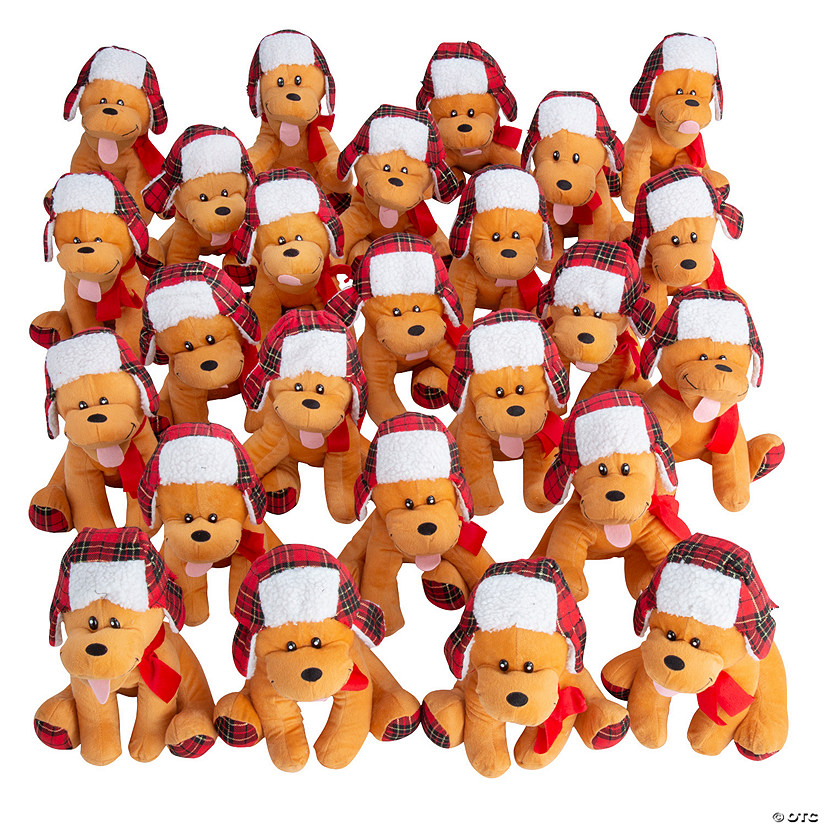 Bulk Christmas Stuffed Dogs with Plaid Oriental Trading