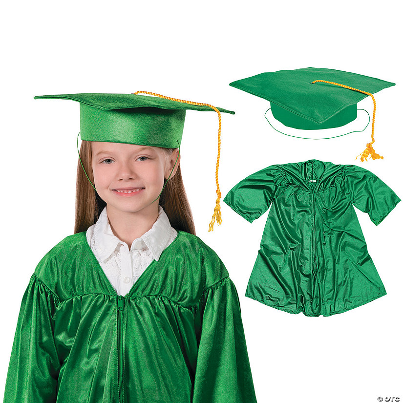 Bulk Elementary School Shiny Green Graduation Cap & Gown Sets for 12 Image