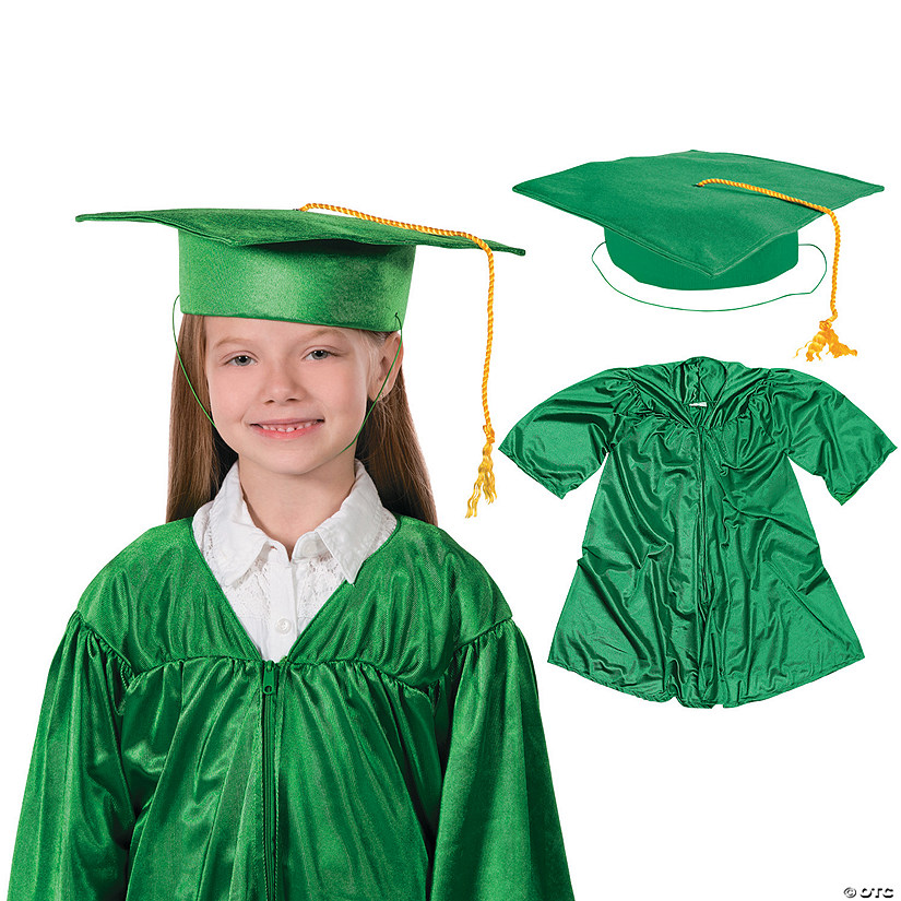 Bulk Elementary School Shiny Green Graduation Cap & Gown Sets for 12
