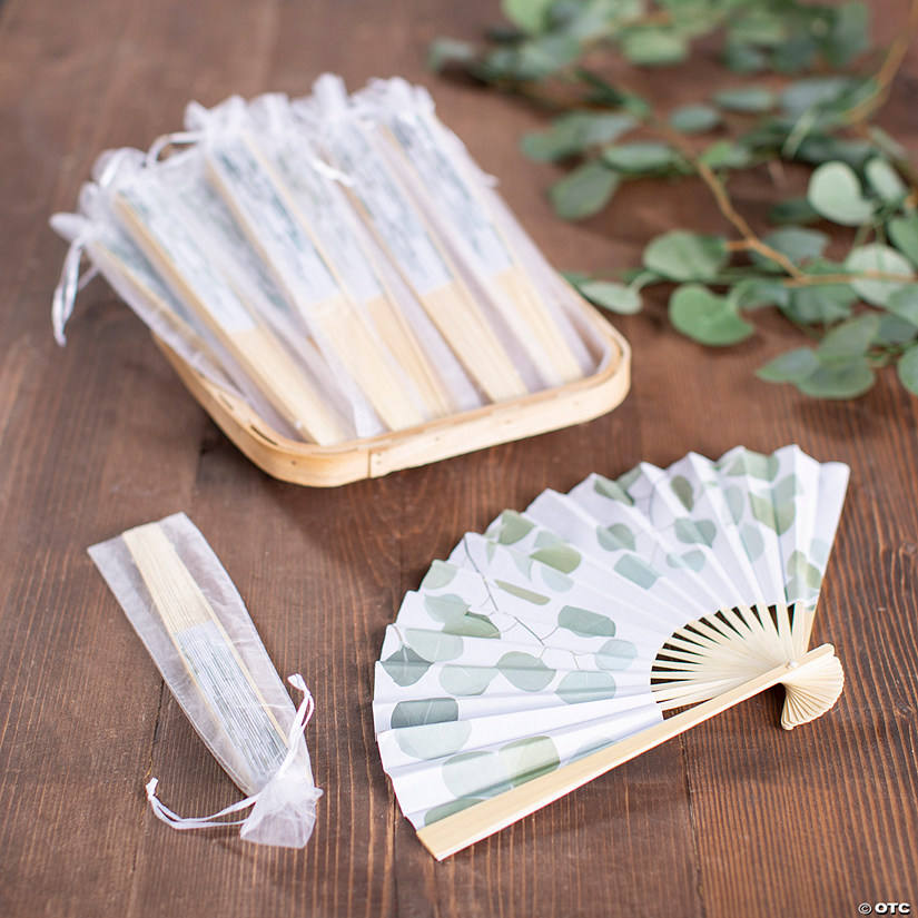 Bulk Eucalyptus Printed Hand Fan Favor Kit for 48 Image