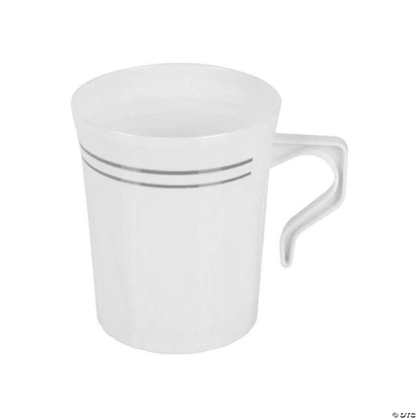 Bulk Premium 8 oz. White with Silver Edge Rim Round Plastic Coffee Mugs -  120 Ct.