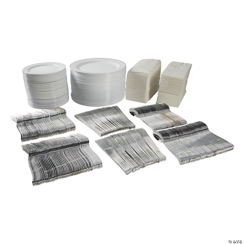 Bulk Premium White & Silver Plastic Tableware Kit for 96 Guests Image