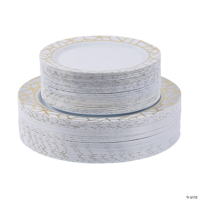 Bulk Premium White Plastic Plates With Gold Geometric Trim 100 Ct ~14092179
