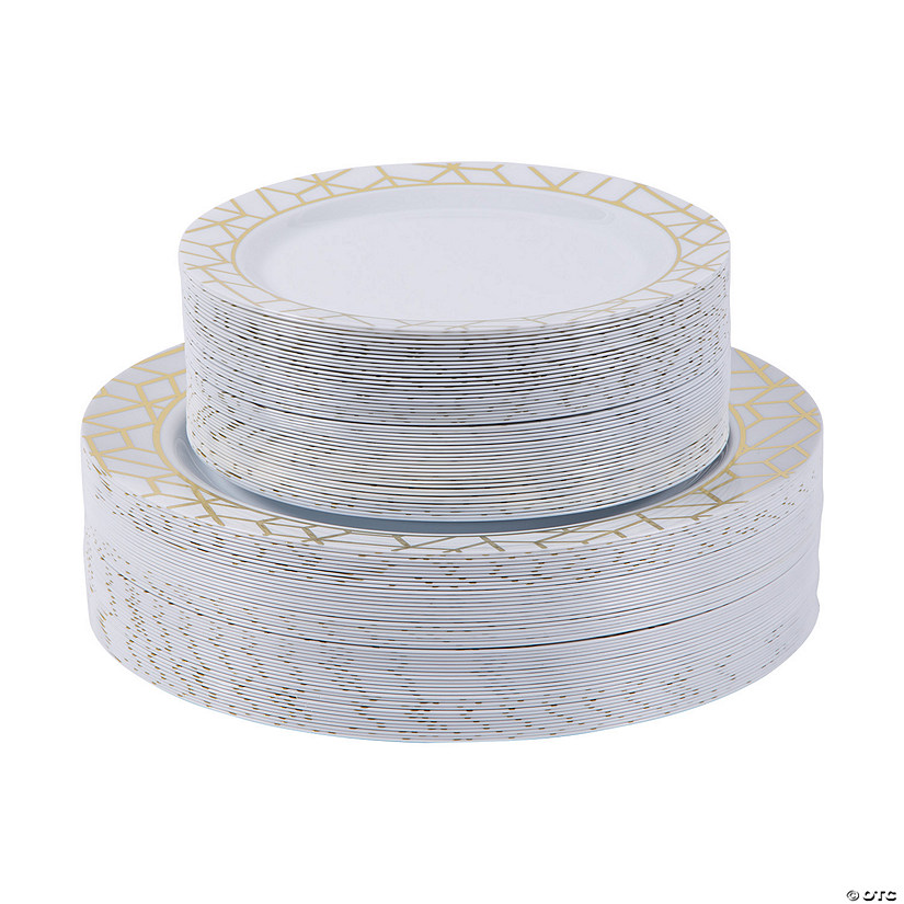 Bulk Premium White Plastic Plates with Gold Geometric Trim 100 Ct