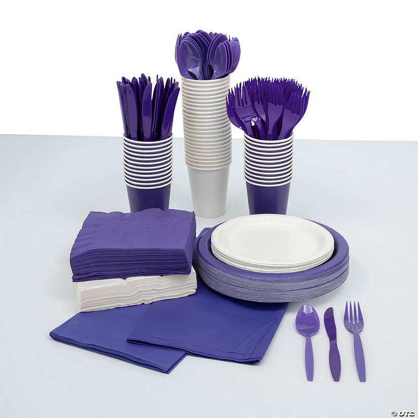 Bulk Purple & White Disposable Tableware Kit for 48 Guests Image