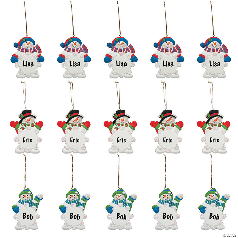 Bulk Write-A-Name Snowman Wearing Hat & Scarf Snowflake Resin Christmas Ornaments - 48 Pc. Image