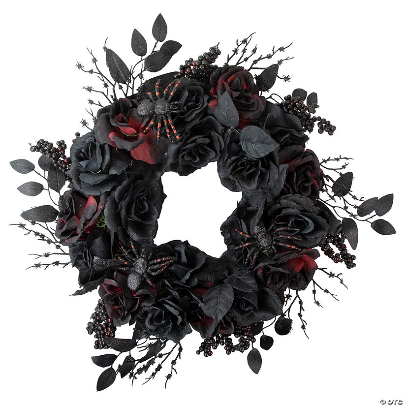 Burgundy and Black Roses with Spiders Halloween Wreath  24-Inch  Unlit Image