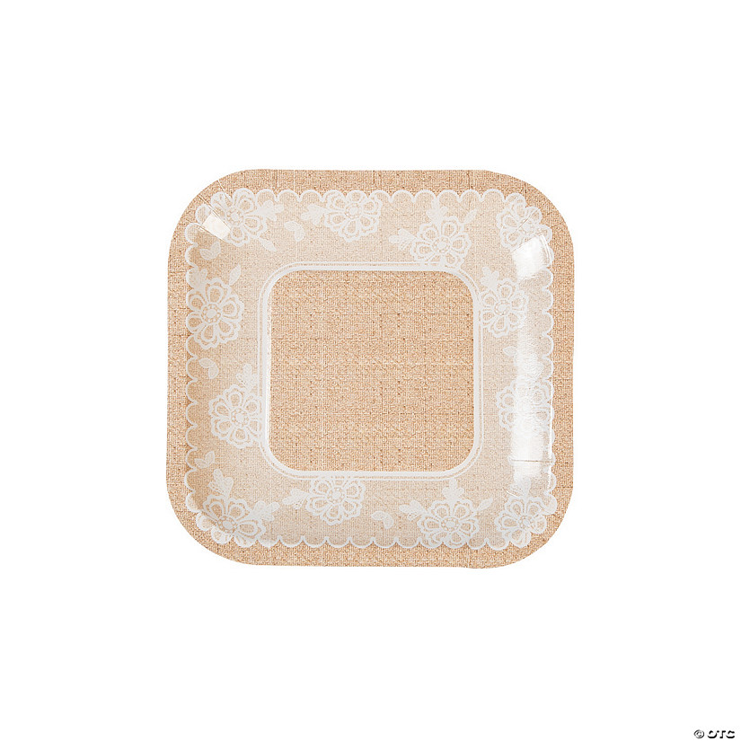 Burlap & Lace Square Paper Dessert Plates - 8 Ct. Image