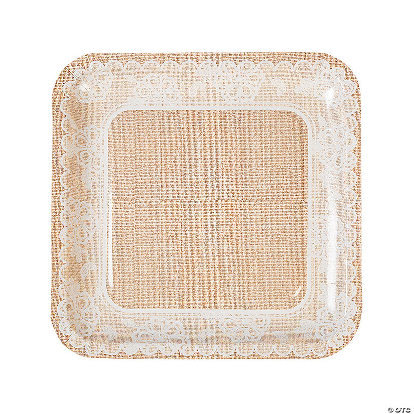 Burlap & Lace Wedding Square Paper Dinner Plates - 8 Ct. Image