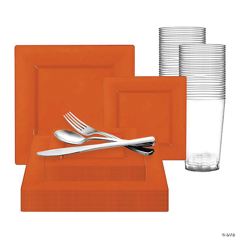 Burnt Orange Square Plastic Plates Dinnerware Value Set (60 Settings) Image