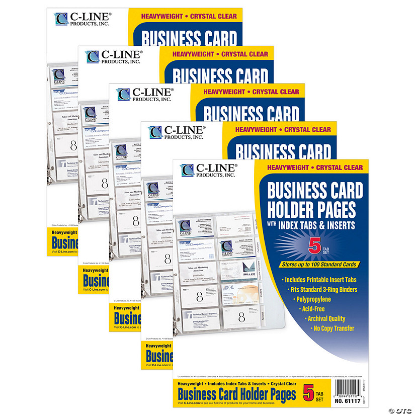 C-Line Business Card Holder, Poly with Tabs, Holds 20 Cards/Page, 11 inch x 8-1/2 inch, 5 per Pack, 5 Packs, Clear