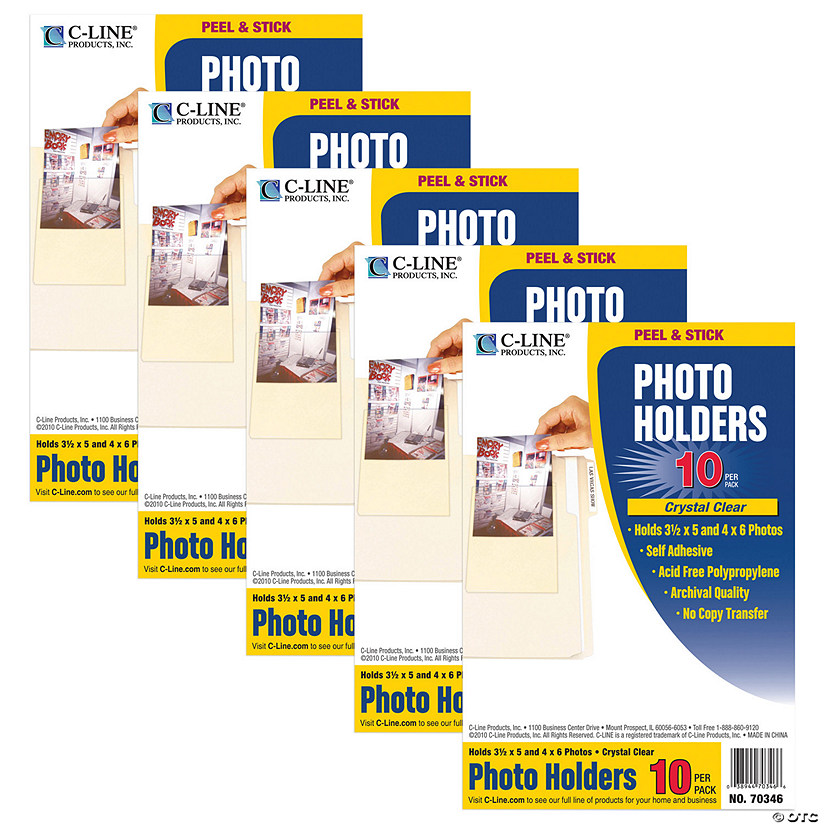 C-Line Peel & Stick Photo Holders, Clear, 4" x 6", 10 Per Pack, 5 Packs Image