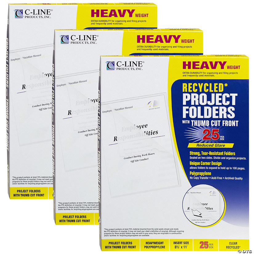 C-Line Recycled Poly Project Folders, Clear, Reduced Glare, 11" x 8-1/2", 25 Per Box, 3 Boxes Image