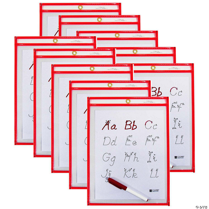 C-Line Reusable Dry Erase Pocket - Study Aid, Neon Red, 9" x 12", Pack of 10 Image