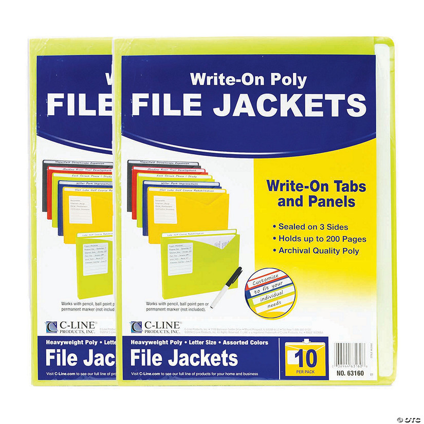 C-Line Write-On Poly File Jackets, Assorted Colors, 11" x 8-1/2", 10 Per Pack, 2 Packs Image