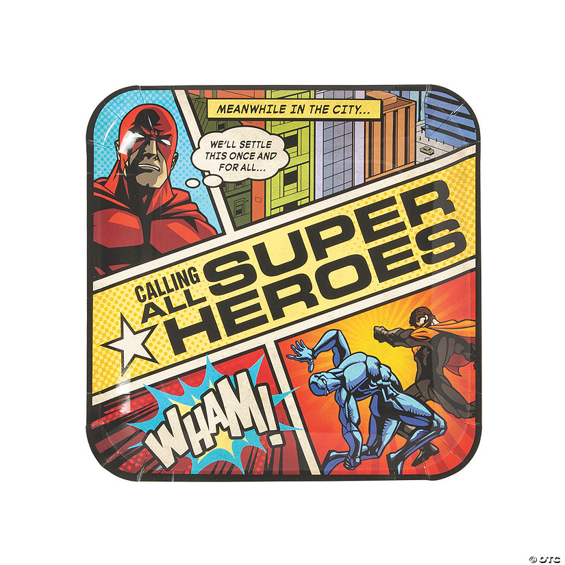 Calling All Superheroes Comic Party Square Paper Dinner Plates - 8 Ct. Image