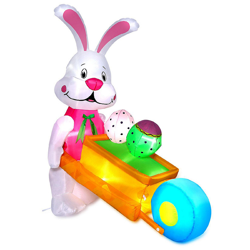 CAMULAND 5.9FT Inflatable Easter Bunny Pushing Wheelbarrow with Eggs and Built-in LED lights Easter Bunny Outdoor Decorations Image
