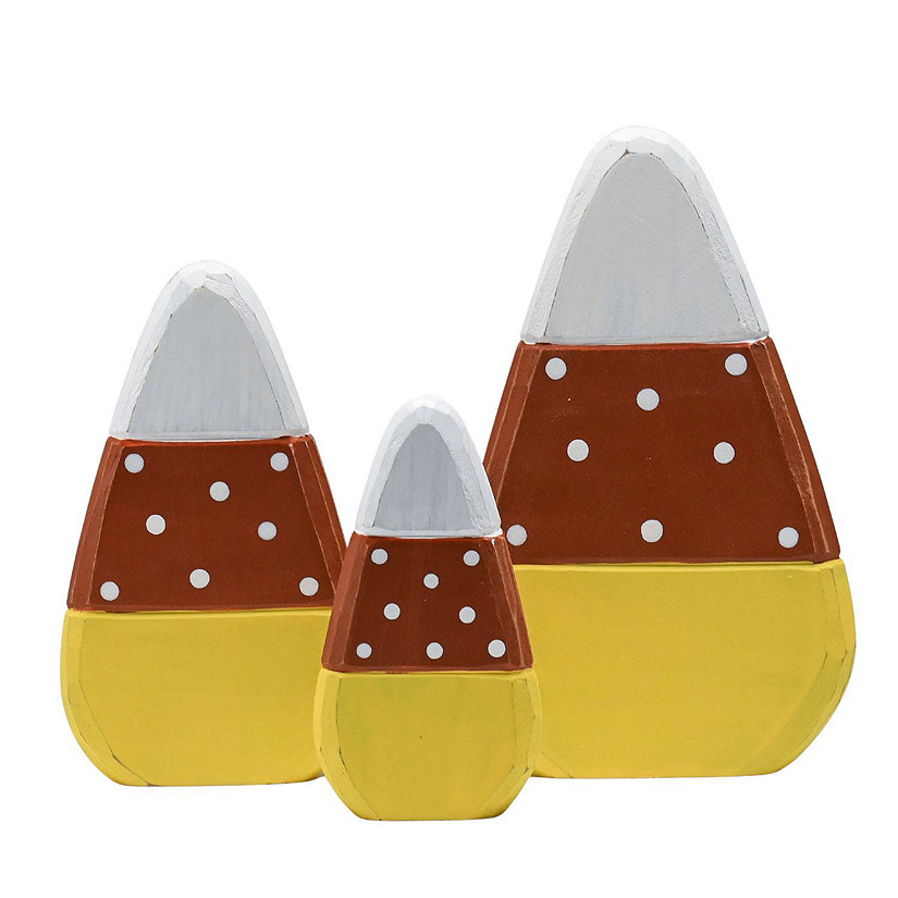 Candy Corn Home Decorations - Rustic Wooden Painted Fall Shelf Sitters Tabletop Ornament Decor - Set of 3 Pieces Image