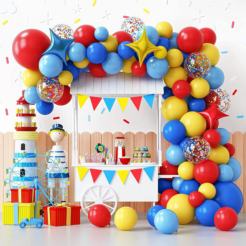 Carnival Circus Balloon Garland Arch Kit, 120pcs Red Blue Yellow Primary Color Balloons Rainbow Multicolor Confetti and Star Foil Balloons for Birthday Party Image