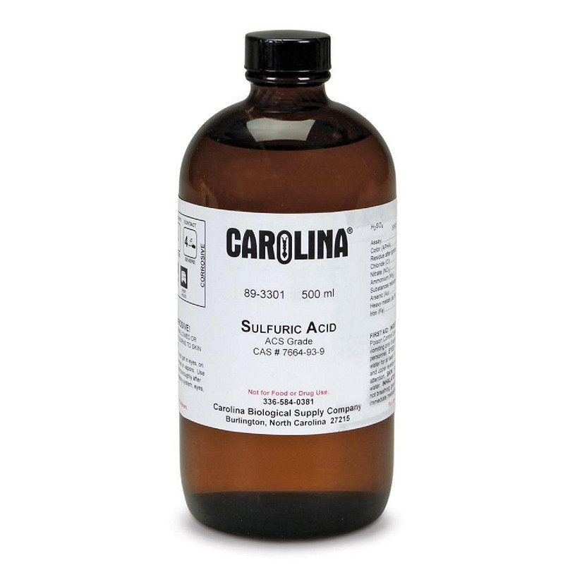 Carolina Biological Supply Company Sulfuric Acid, 18 M (95-98% v/v), Plastic-Coated Safety Bottle, ACS Grade, 500 mL Image