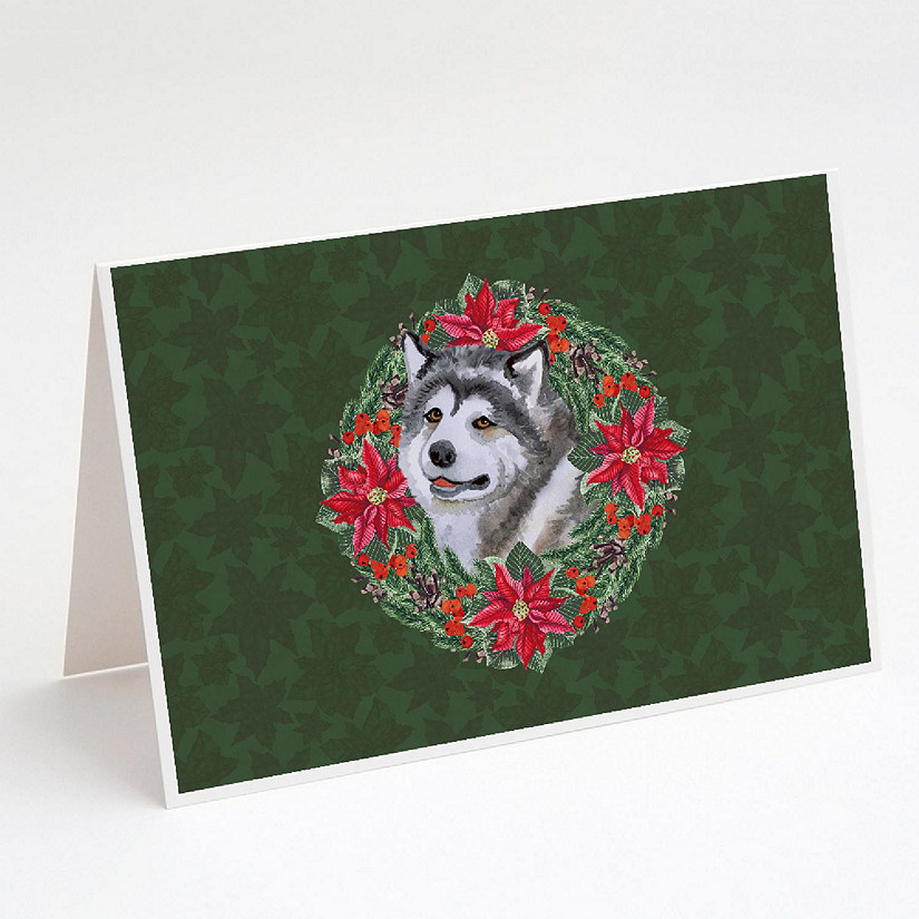 Caroline's Treasures Alaskan Malamute Poinsetta Wreath Greeting Cards and Envelopes Pack of 8, 7 x 5, Dogs Image