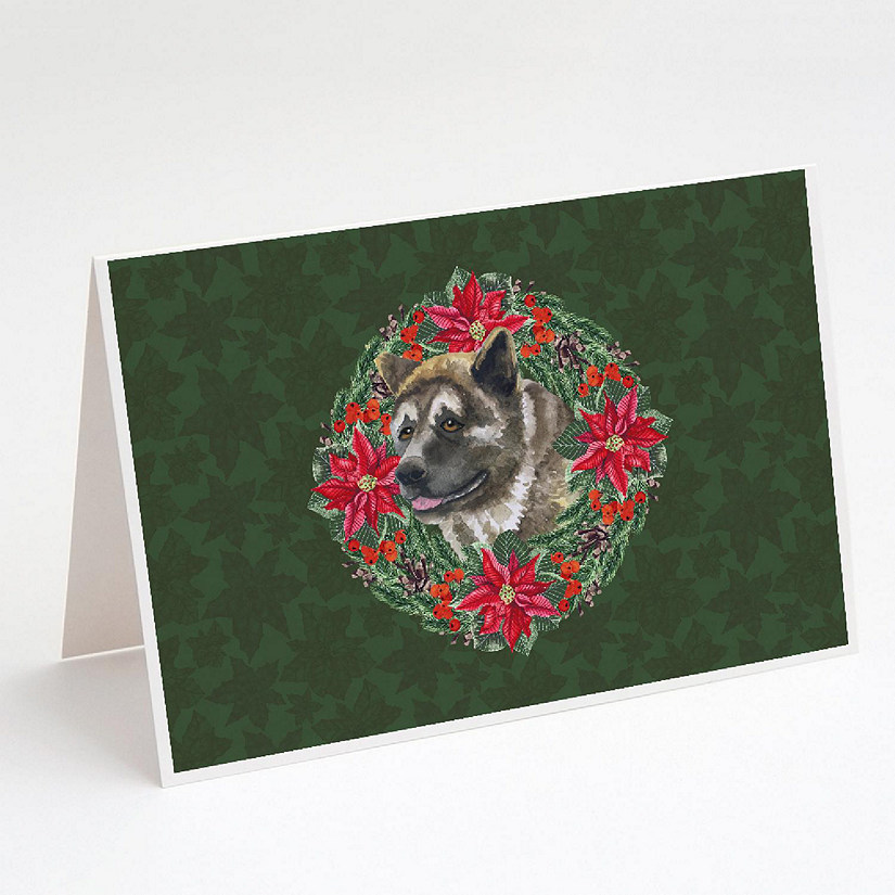 Caroline's Treasures American Akita Poinsetta Wreath Greeting Cards and Envelopes Pack of 8, 7 x 5, Dogs Image