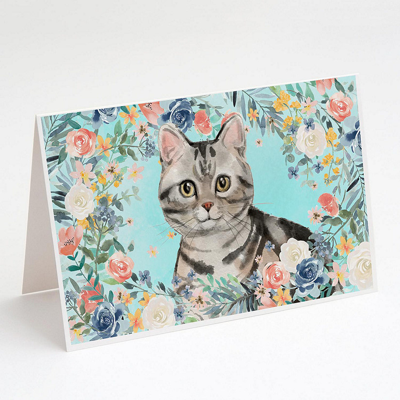 Caroline's Treasures American Shorthair Spring Flowers Greeting Cards and Envelopes Pack of 8, 7 x 5, Cats Image