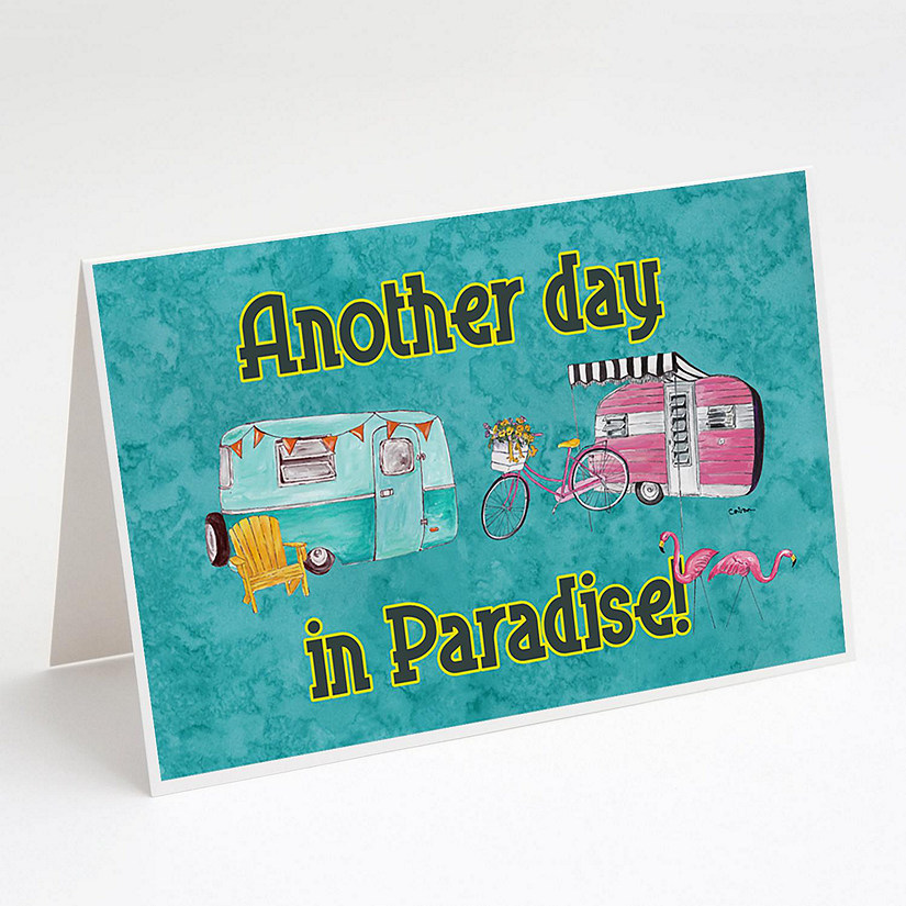 Caroline's Treasures Another Day in Paradise Retro Glamping Trailer Greeting Cards and Envelopes Pack of 8, 7 x 5, Camping Image