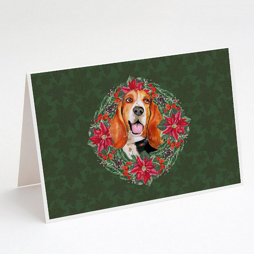 Caroline's Treasures Basset Hound Poinsetta Wreath Greeting Cards and Envelopes Pack of 8, 7 x 5, Dogs Image