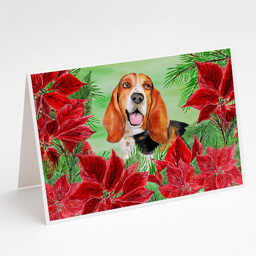 Caroline's Treasures Basset Hound Poinsettas Greeting Cards and Envelopes Pack of 8, 7 x 5, Dogs Image