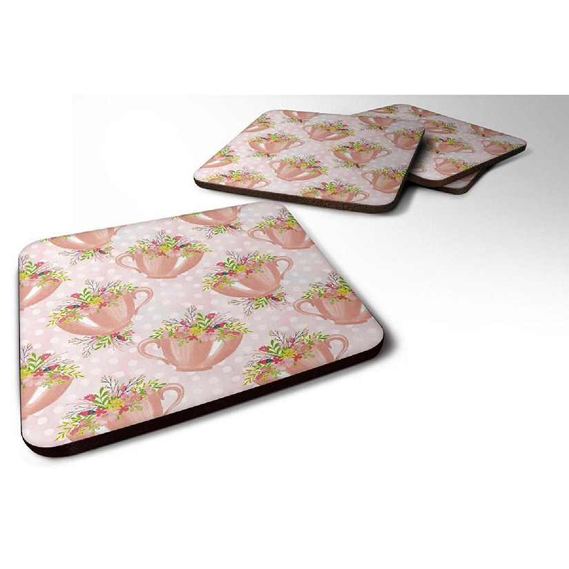 Carolines Treasures BB7481FC Tea Cup & Flowers Pink Foam Coaster&#44; Set of 4 Image