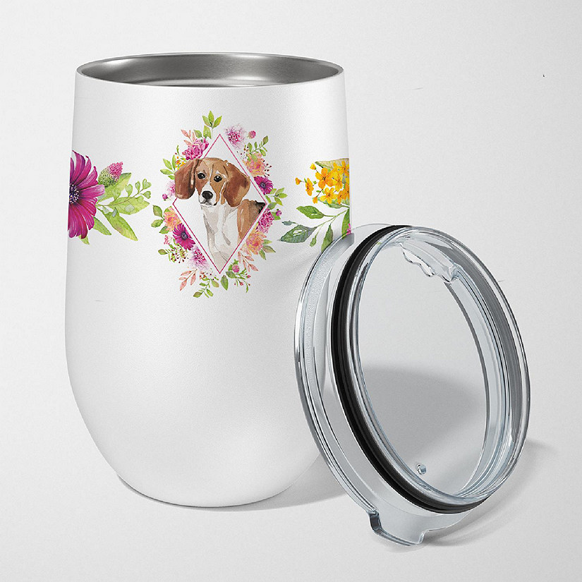 Caroline's Treasures Beagle Pink Flowers Stainless Steel 12 oz Stemless Wine Glass, 3 x 4.25, Dogs Image