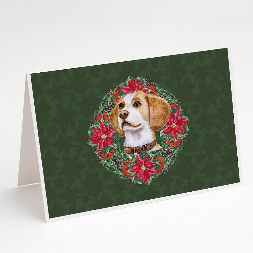 Caroline's Treasures Beagle Poinsetta Wreath Greeting Cards and Envelopes Pack of 8, 7 x 5, Dogs Image