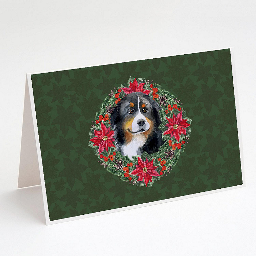 Caroline's Treasures Bernese Mountain Dog Poinsetta Wreath Greeting Cards and Envelopes Pack of 8, 7 x 5, Dogs Image