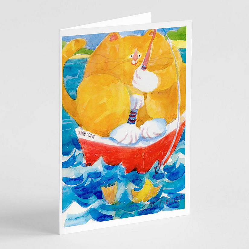 Caroline's Treasures Big Orange Tabby Fishing Greeting Cards and Envelopes Pack of 8, 7 x 5, Fish Image