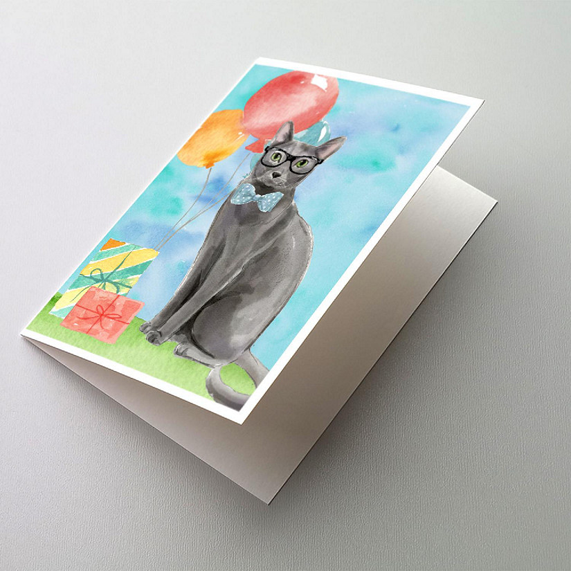 Caroline's Treasures Birthday, Blue Russian Happy Birthday Greeting Cards and Envelopes Pack of 8, 7 x 5, Cats Image