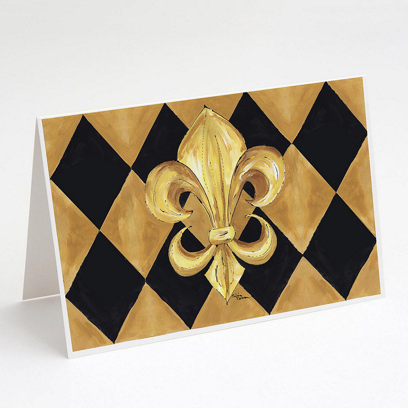 Caroline's Treasures Black and Gold Fleur de lis New Orleans Greeting Cards and Envelopes Pack of 8, 7 x 5, New Orleans Image