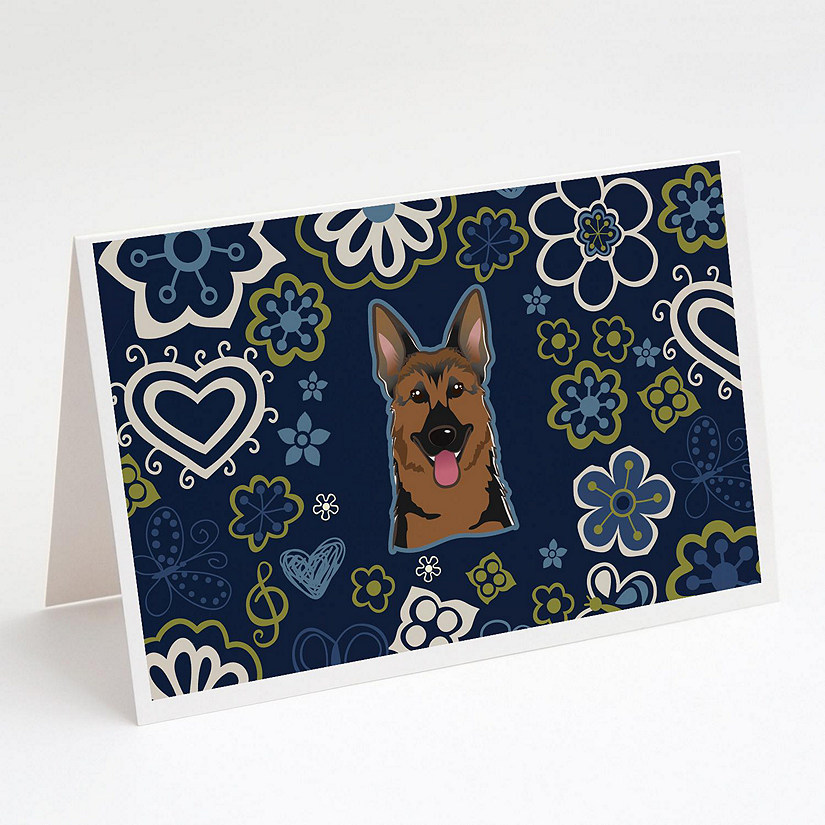 Caroline's Treasures Blue Flowers German Shepherd Greeting Cards and Envelopes Pack of 8, 7 x 5, Dogs Image
