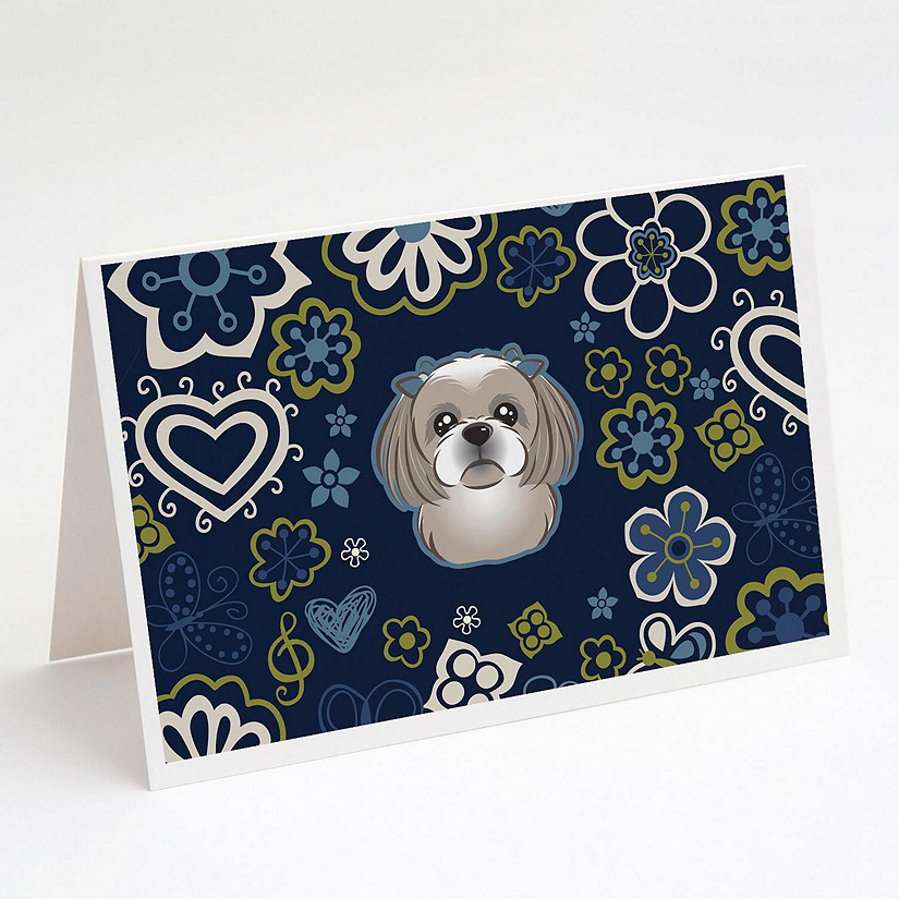 Caroline's Treasures Blue Flowers Gray Silver Shih Tzu Greeting Cards and Envelopes Pack of 8, 7 x 5, Dogs Image