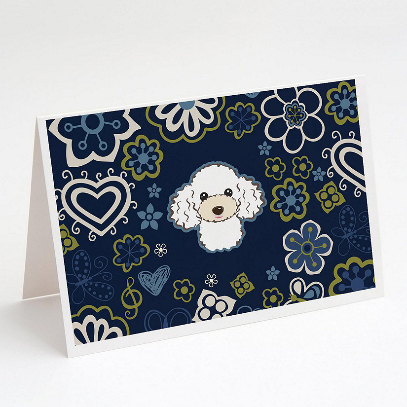 Caroline's Treasures Blue Flowers White Poodle Greeting Cards and Envelopes Pack of 8, 7 x 5, Dogs Image