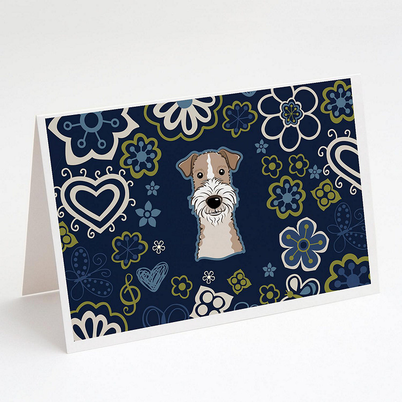 Caroline's Treasures Blue Flowers Wire Haired Fox Terrier Greeting Cards and Envelopes Pack of 8, 7 x 5, Dogs Image