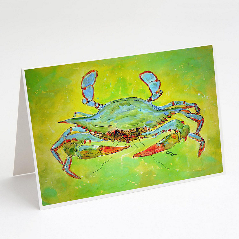 Caroline's Treasures Bright Green Blue Crab Greeting Cards and Envelopes Pack of 8, 7 x 5, Seafood Image