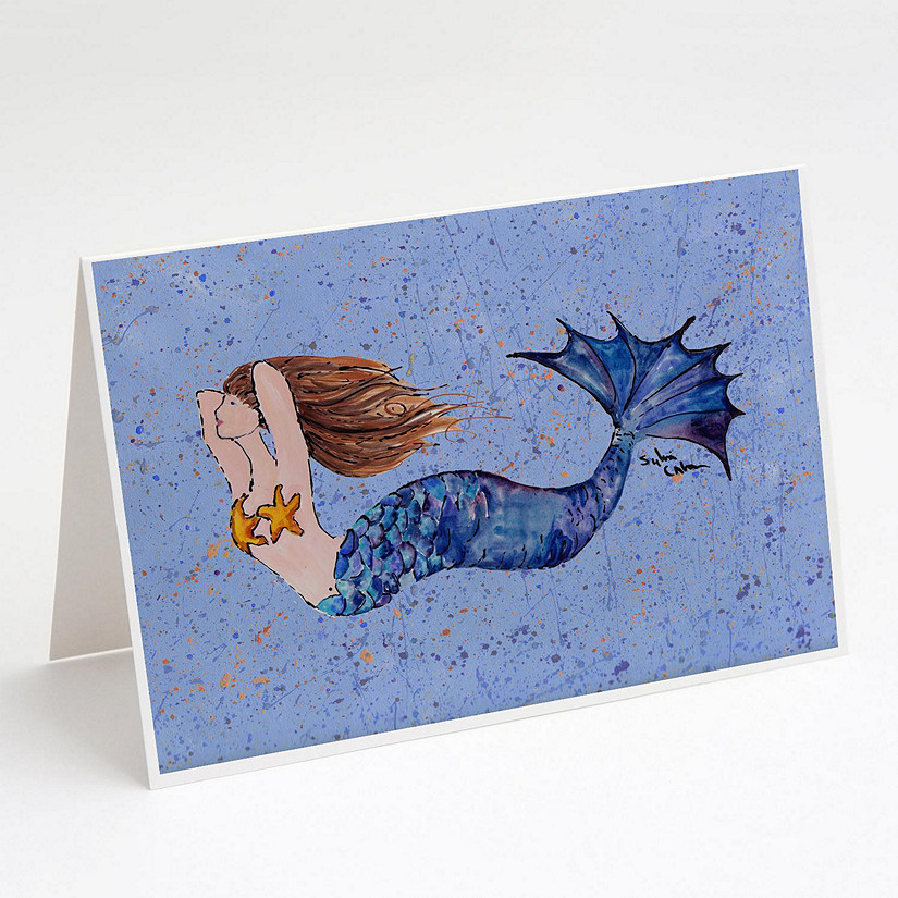 Caroline's Treasures Brown Headed Mermaid on Blue Greeting Cards and Envelopes Pack of 8, 7 x 5, Fantasy Image