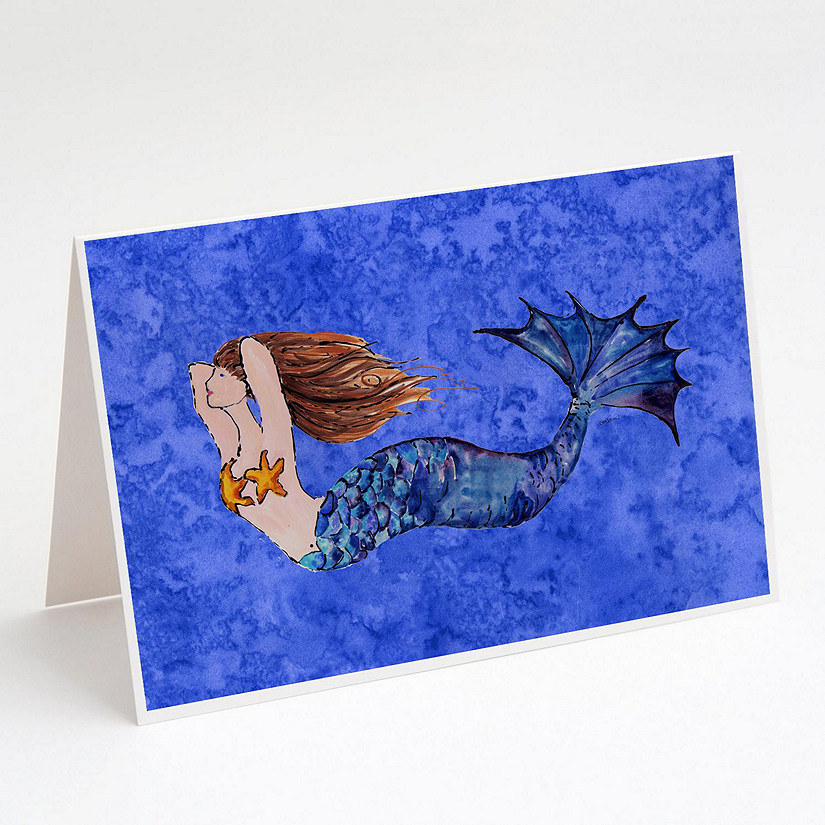 Caroline's Treasures Brunette Mermaid on Blue Greeting Cards and Envelopes Pack of 8, 7 x 5, Fantasy Image