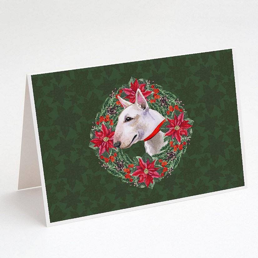 Caroline's Treasures Bull Terrier Poinsetta Wreath Greeting Cards and Envelopes Pack of 8, 7 x 5, Dogs Image