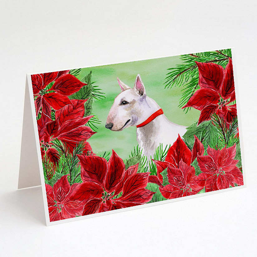 Caroline's Treasures Bull Terrier Poinsettas Greeting Cards and Envelopes Pack of 8, 7 x 5, Dogs Image